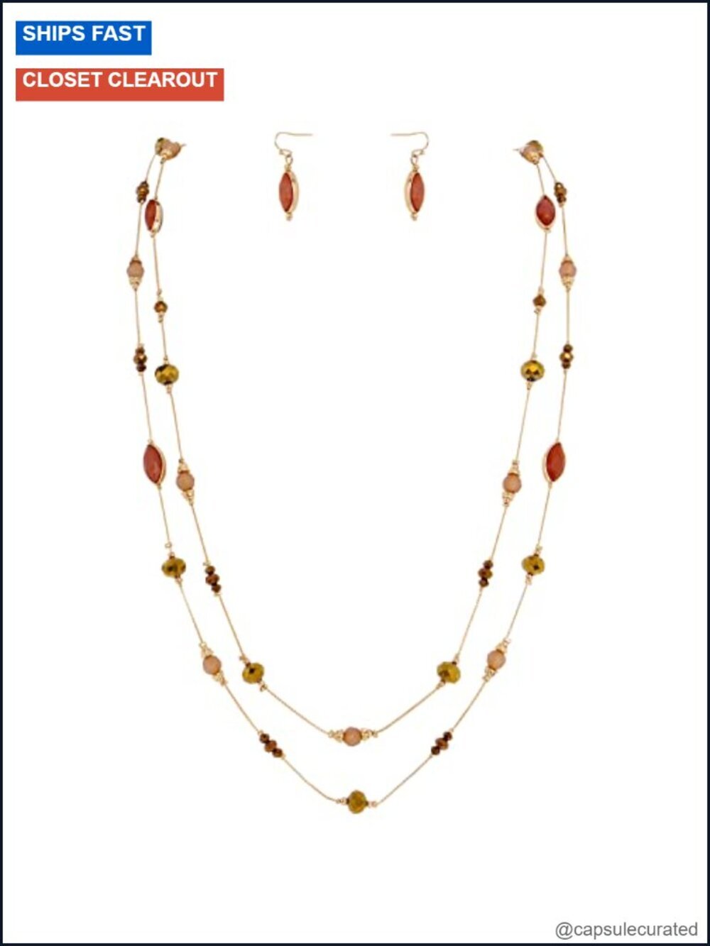 2 Layer Illusion Wire Beaded Long Collar Statement Necklace with Earrings
